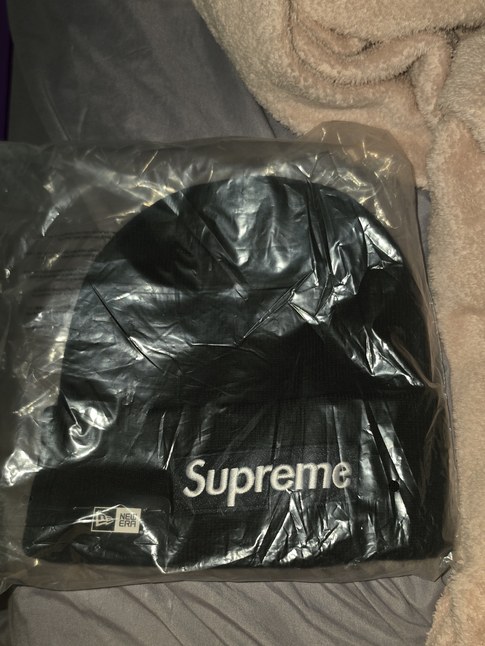 Supreme Black Beanie with White Logo & Black Background